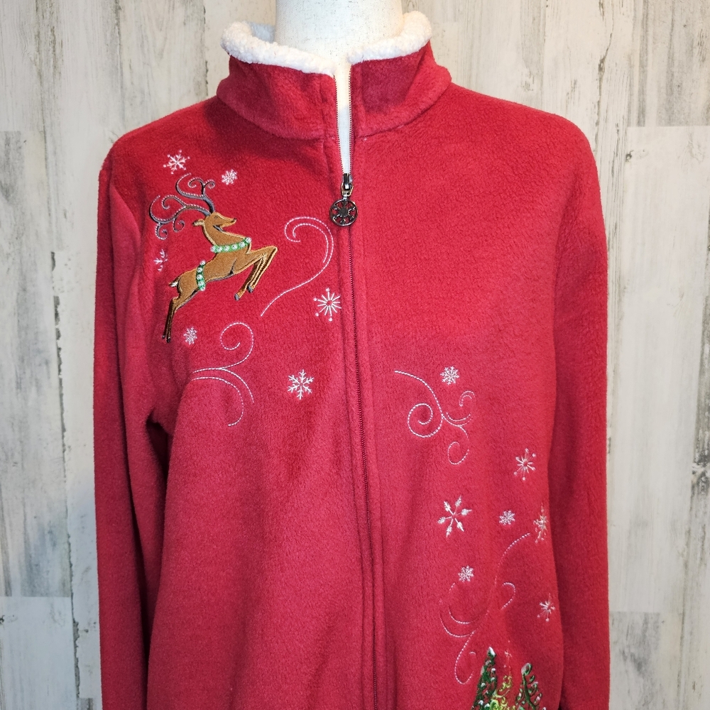 Breckenridge Women's Large Red Fleece Christmas Jacket Sherpa Collar Embroidered - Picture 4 of 14